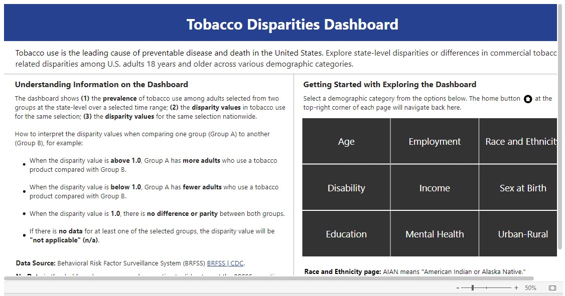 CDC Tobacco Disparities Dashboard example