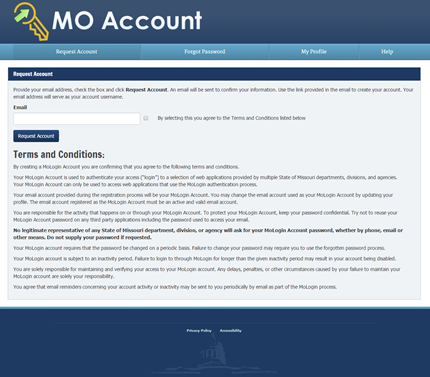 MO Account login terms and conditions page screenshot