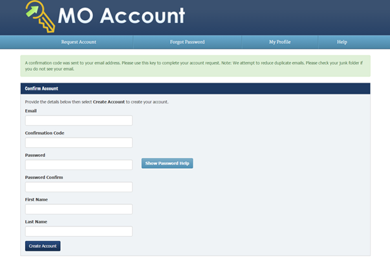 MO Account confirm account page screenshot