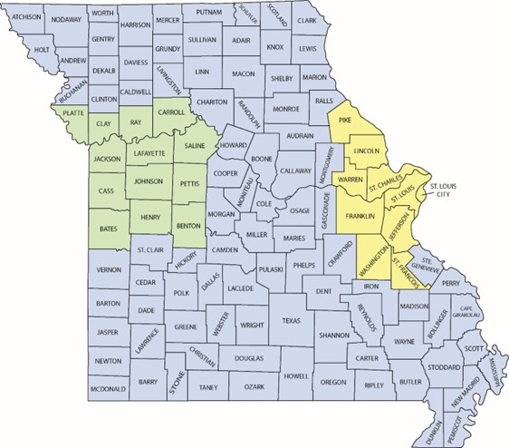 Missouir map of Healthcare Coalition Contacts for Region A, Non-Urban Rural and Region C