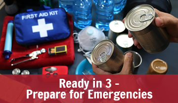 Emergency kit text that says Ready in 3-Prepare for Emergencies