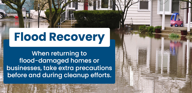 street flooding with the text flood recovery, when returning to flood-damaged homes or businesses, take extra precautions before and during cleanup efforts.