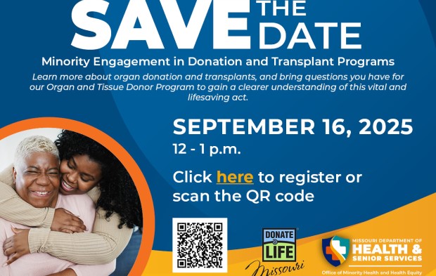 save the date for the minority engagement in donation and transplant programs webinar on September 16, 2025 from noon to one