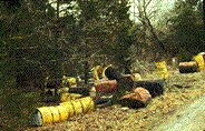 Yellow and black colored drums in poor condition lying along a road.