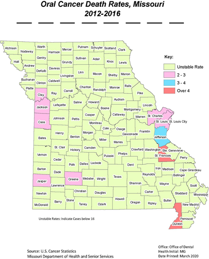 oral cancer death rates, Missouri 2012-2016