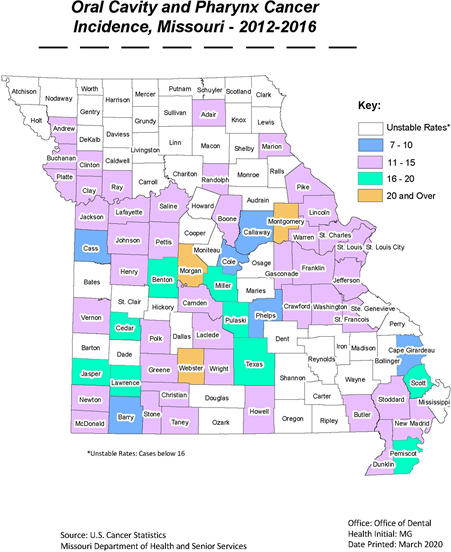 oral cavity and pharynx cancer incidence, Missouri - 2012-2016