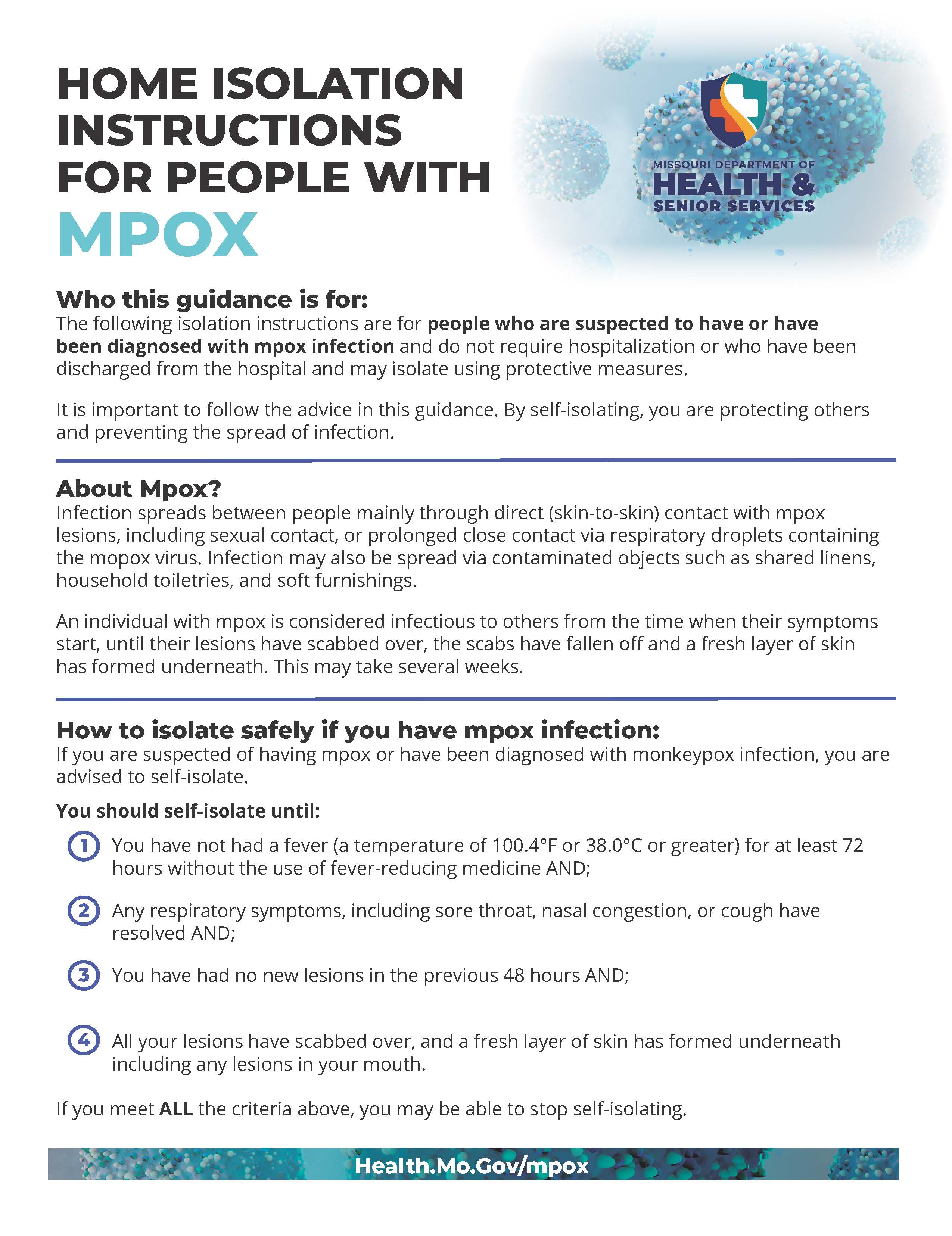 Home Isolation Instructions for People with Mpox Infection