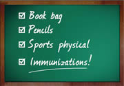 chalkboard with text: Book bag, Pencils, Sports physical, Immunizations!
