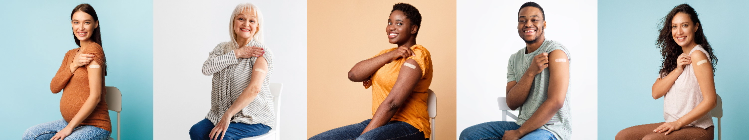 banner of different people showing off the vaccine they received in their arm