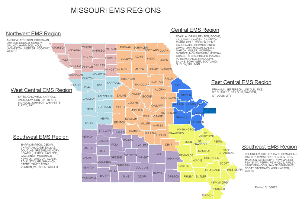 EMS Regions Map with counties listed