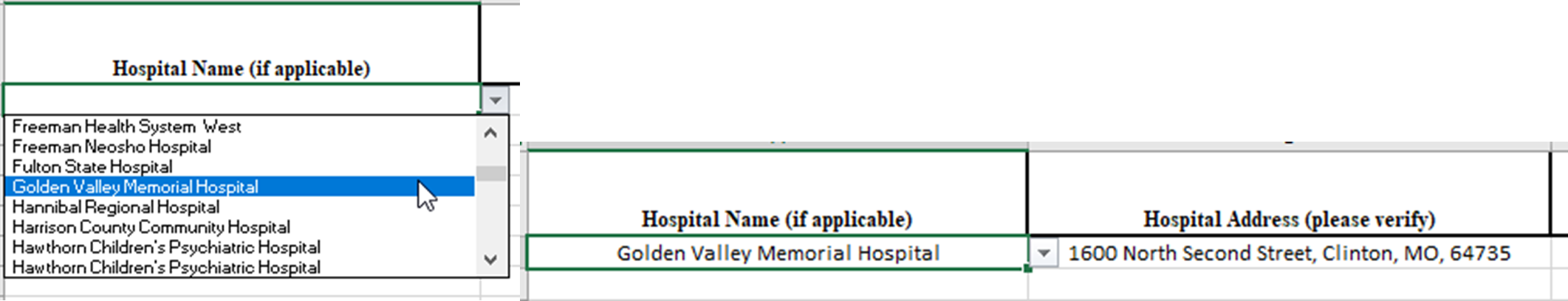 list of hospital and long-term facility names