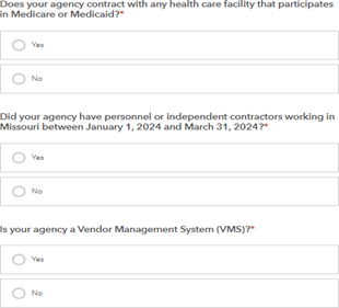 yes or no buttons to select if your agency contracts with any health care facility (Hospital or Long-term Care Facility) that participates in Medicare or Medicaid