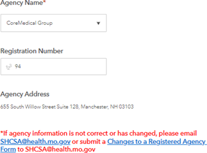 filled in fields with registration number and agency address