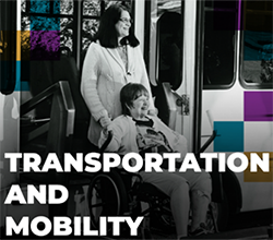 woman pushing woman in wheelchari with text Transportation and Mobility