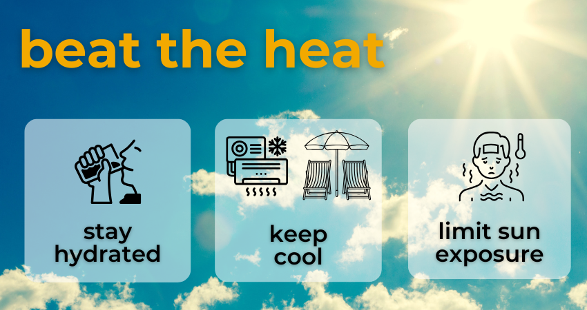 Health tips for hot weather - staying hydrated, keeping cool, and limiting sun exposure 