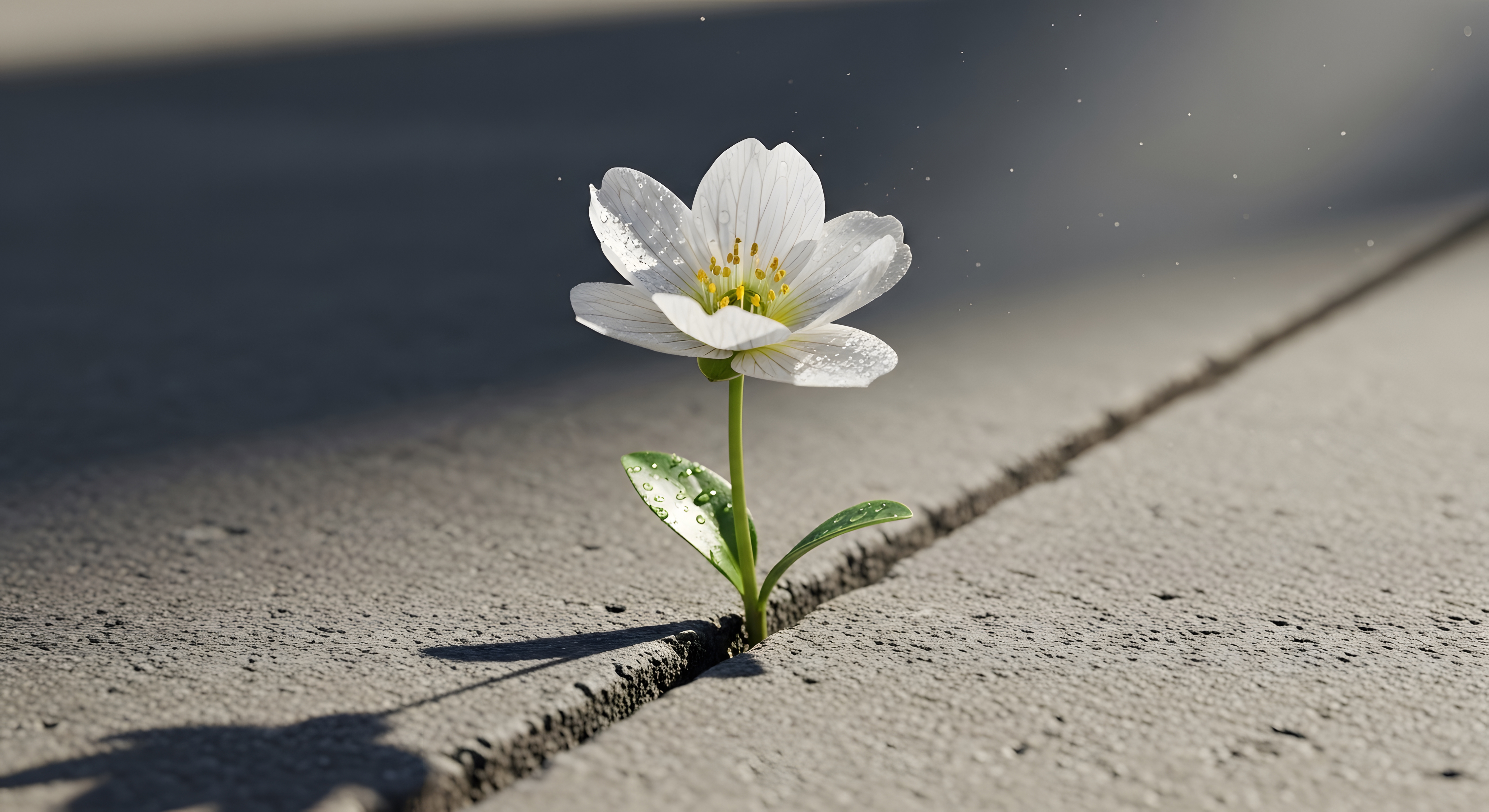 white flower growing through crack of pavement