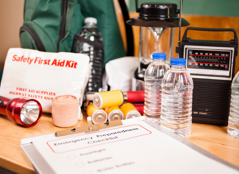 Unpacked emergency preparedness kit and checklist.