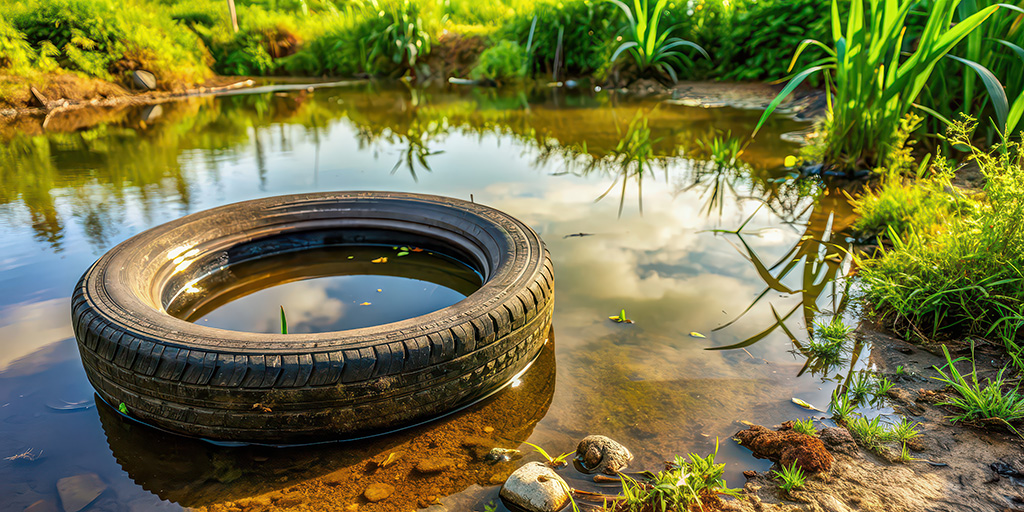 abandoned tire and pond with stagnant water