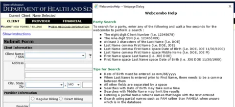 In the “Submit New Forms/Billing” tab under the “Client” section, type the client’s name (Last, First) and hit “enter”