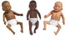 Three lifelike infant manikins with different skin tones