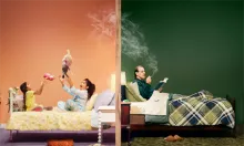 Smoke from a man smoking while sitting in a bed against a wall drifts into a room where children are playing on the other side of the wall
